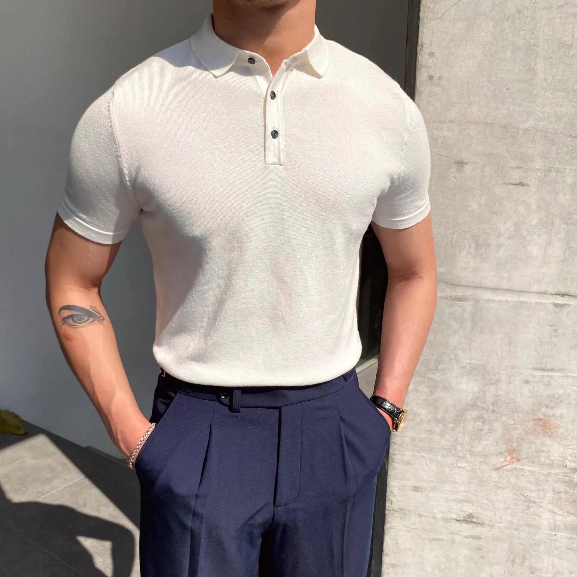 HEARUJOY  -  Summer Cotton Men Polo Shirt Business Casual Turn-down Collar Button-up Tees Fashion Flocking Tshirts Top Lce Silk Fabric Blouse