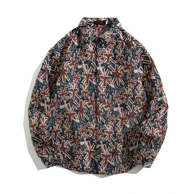 HEARUJOY  -  Cuban Colored Numb Ethnic Style Shirt Men Weaving and Embroidered Spring and Autumn Retro Hong Kong Style Shirt Jacket