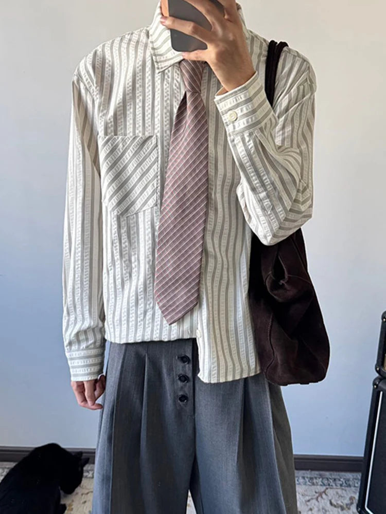 HEARUJOY  -  Spring Fall Casual Mens Striped Printed Shirt Long Sleeve Button-up Turn-down Collar Vintage Shirts Men Daily Leisure Cardigans
