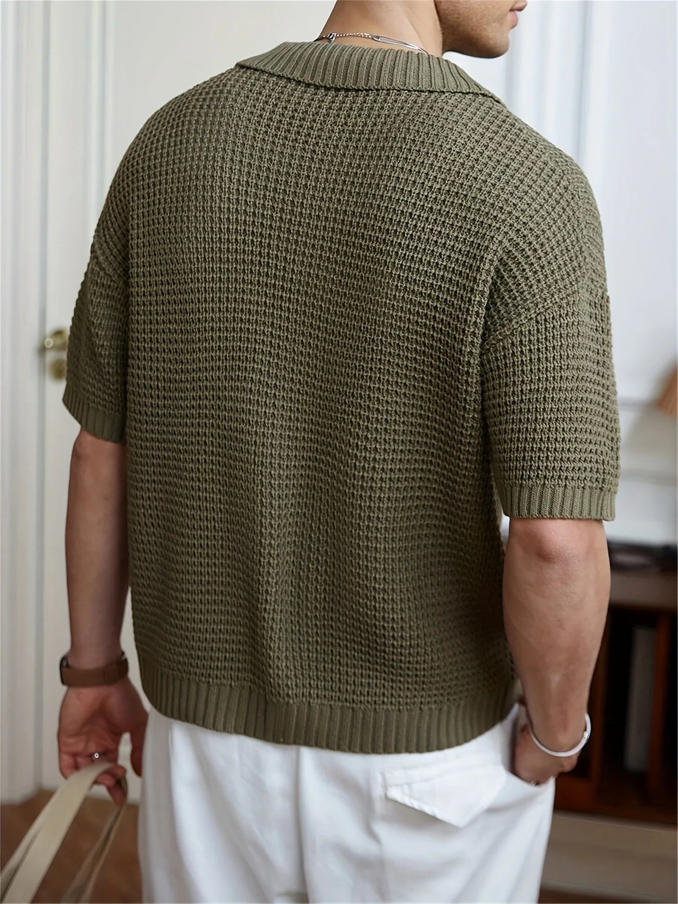 HEARUJOY  -  Men's Short Sleeve Polo Collar Knitted Shirt Cardigan Summer Fashion Retro Light Soft Breathable Casual Lapel Knitwear Shirt Top