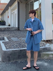 HEARUJOY  -  Japanese Man Sets Work Clothes Loose Cool Two-piece Set New in Matching Elastic Baggy Korean Stylish Shirts Shorts Suits for Men