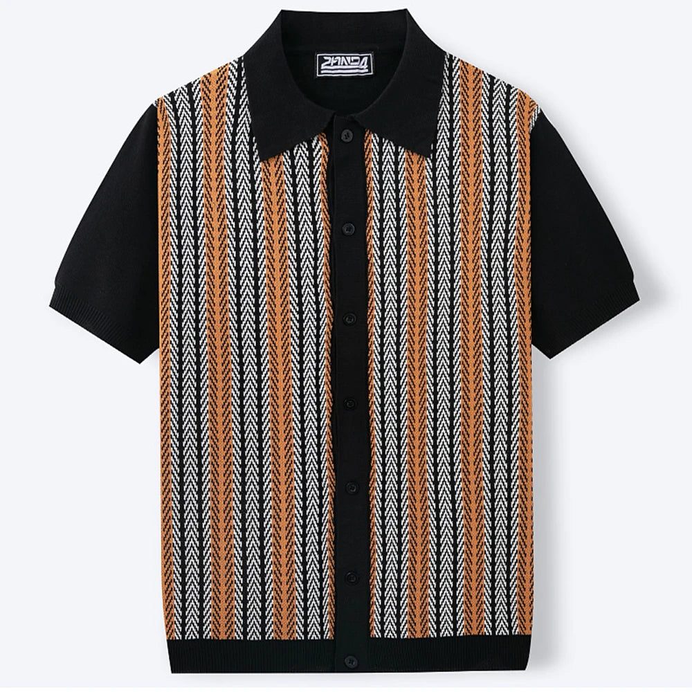 HEARUJOY  -  Summer Men's Color Matching Striped Jacquard Knitted Short-Sleeved Shirt Casual Fashion Trend Loose Breathable Daily Men's Tops