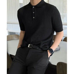 HEARUJOY  -  Summer Short Sleeved T-shirt Men Slim Fit Fashion Casual Knitted T Shirt Men Streetwear Korean White Lapel T Shirt Mens Top