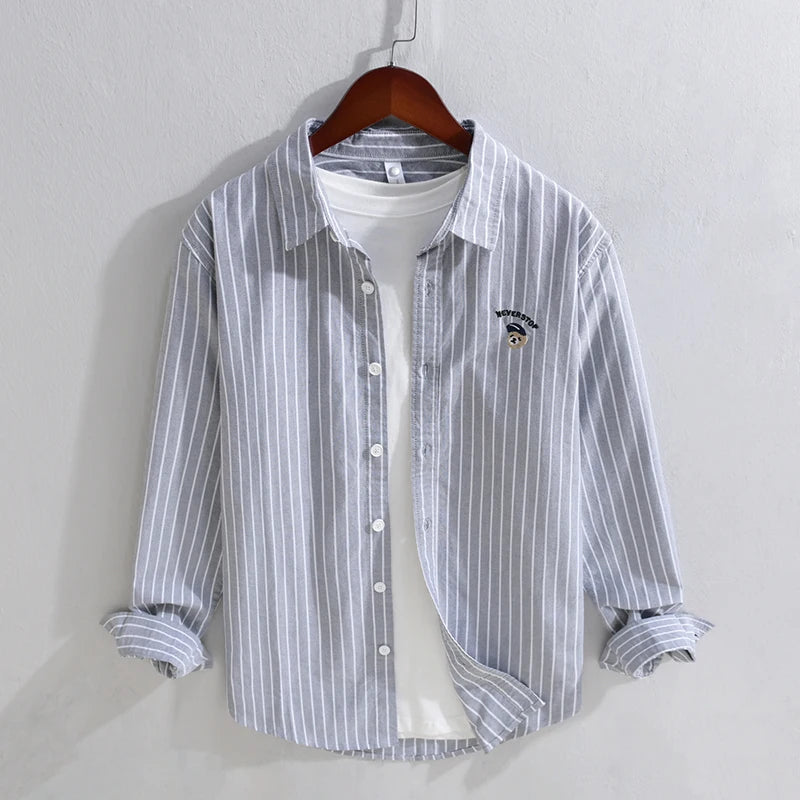 HEARUJOY  -  Men's Cotton Long Sleeve Shirt Spring Summer Casual Bear Embroidered Striped Long-sleeved Square Collar Breathable Shirts Man