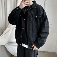 Hearujoy Black Denim Short Jacket Men Turn Down Collar Bomber Jacket Jeans Coats Casual Pockets Overalls Streetwear Man Clothing Outwear