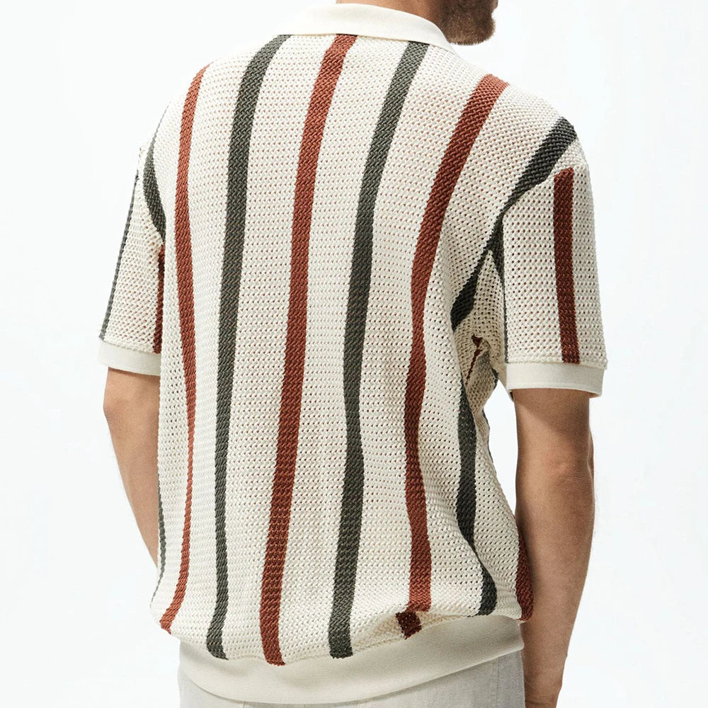 Hearujoy Mens Breathable Striped Casual Hollow Knitted Polo Shirt Genderless 2024 Summer New Fashion Contrast Color Simple Shirt Unisex