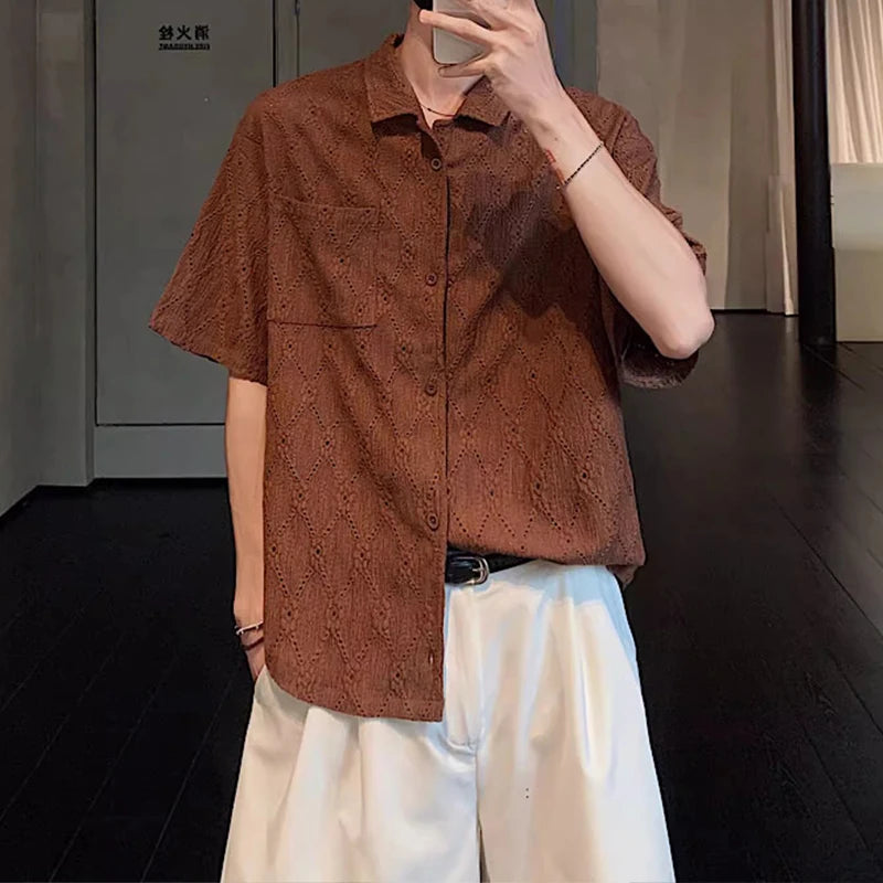HEARUJOY  -  Summer Men's Clothing Light Luxury Jacquarded Suit Collar Shirts Streetwear Button-down Short Sleeve Retro Leisure Fashion M-3XL