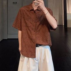 HEARUJOY  -  Summer Men's Clothing Light Luxury Jacquarded Suit Collar Shirts Streetwear Button-down Short Sleeve Retro Leisure Fashion M-3XL