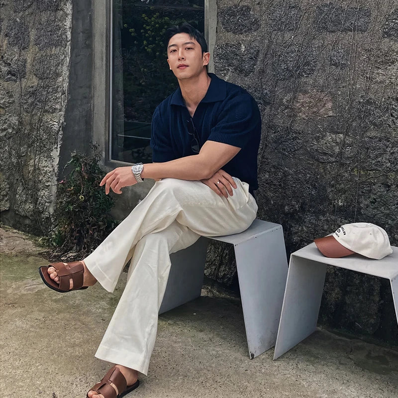 HEARUJOY  -  Men's Clothing Luxury Korean Popular Hollow Out Polo Shirt Leisure V Neck Short Sleeve Solid Color Retro Streetwear Knitwear
