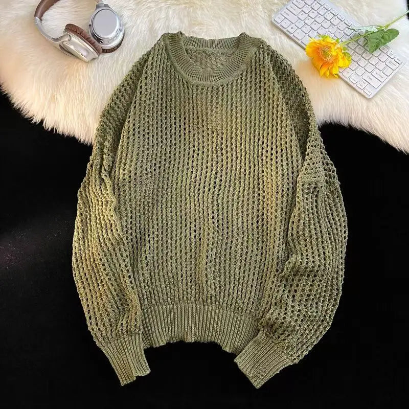 HEARUJOY  -  Hollow Hole Men Women knitted Tshirts High Street Fashion Loose Long Sleeved Top Autumn Sexy Mesh Knit Sweater Pullover Unisex