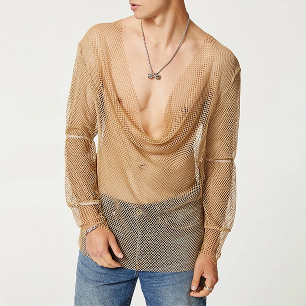 Hearujoy Mens Sexy See-Through Mesh Long-Sleeve Top 2024 New Genderless Nightclub Individuality Irregular Thin Low-Cut T-Shirt Unisex