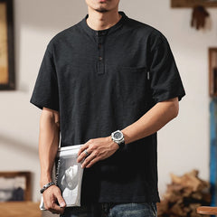 HEARUJOY  -  Summer Men Heavyweight Short Sleeve T-shirt High Quality Sold Color Button Slim-Fit Henley T-Shirts with Pocket