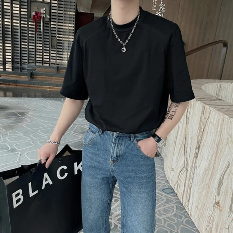HEARUJOY  -  Summer Short Sleeved T-shirt Men Fashion Round Neck Black White T Shirt Men Korean Loose Shoulder Pad Tshirt Mens Top M-2XL
