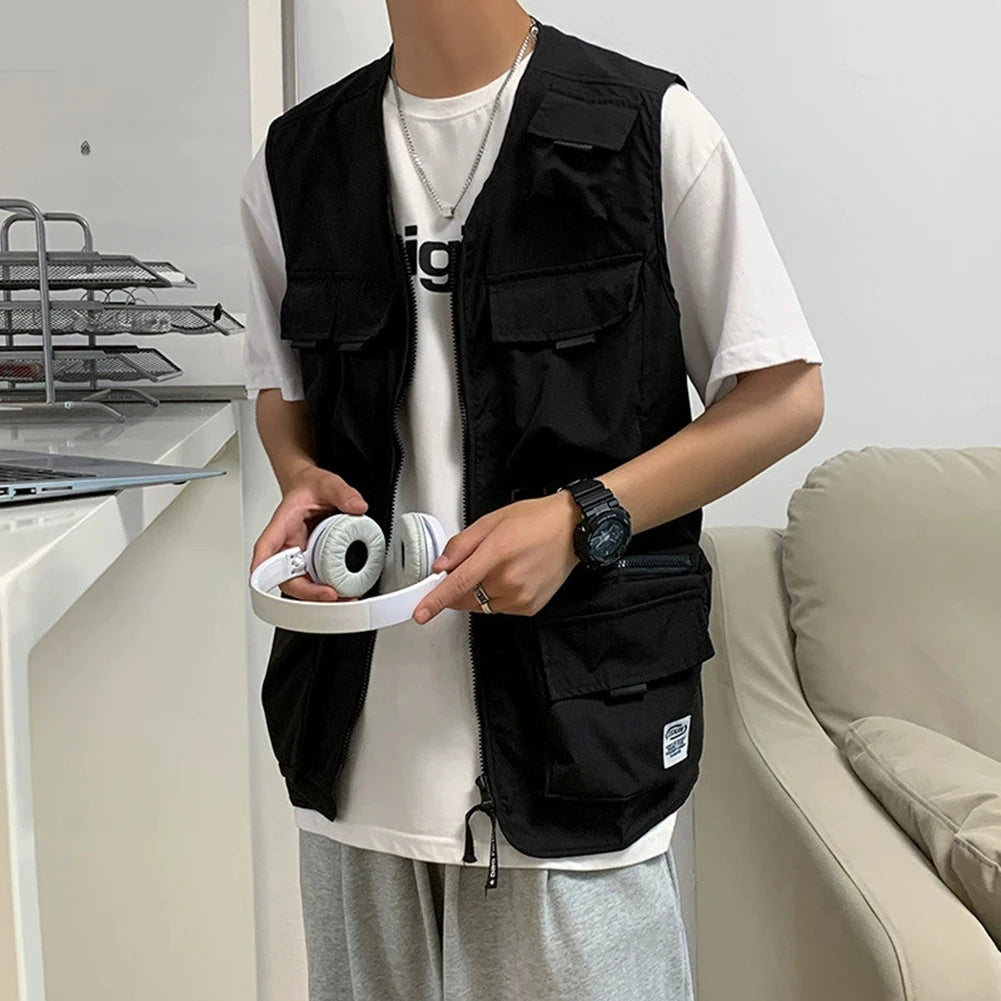 HEARUJOY  -  Beach Holiday Green Men Cargo Vest Multi-pocket Sleeveless Vest Loose Fit Waistcoat Good For Vacation Polyester Fabric