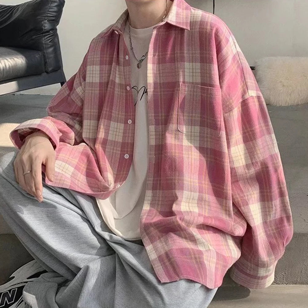 HEARUJOY  -  Casual Outing XL Blue Plaid Casual Top Men Plaid Long Sleeve Shirt Long Sleeve Casual Style Daily Use Shirt Lapel Neckline