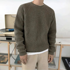 Hearujoy Mens Autumn Winter Korean Style Loose Round Neck Knitted Sweater Gender-Neutral Trendy Casual Solid Color Simple Sweater Unisex