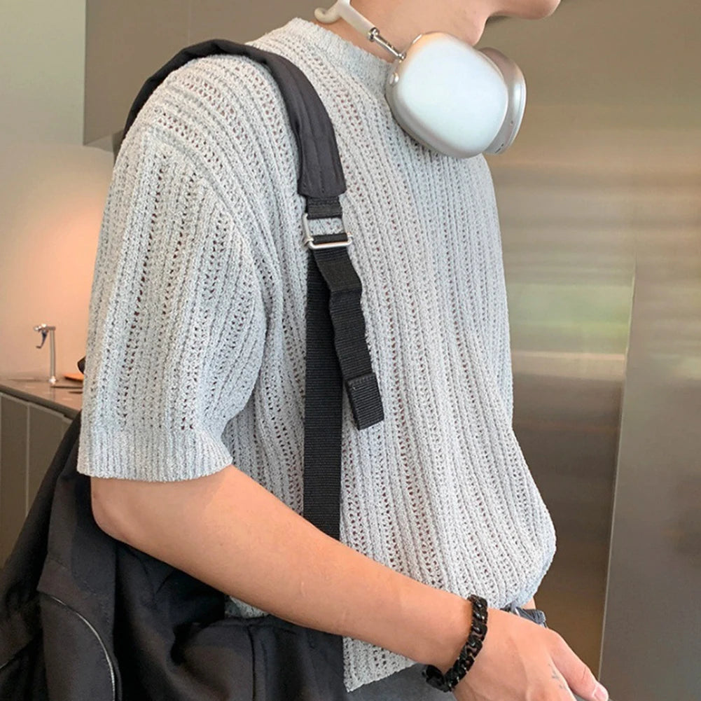 HEARUJOY  -  Fashion Knitted T-shirt For Men Top Tshirt Loose Fit Knitted Top Regular Length Garment Slight Stretch Material