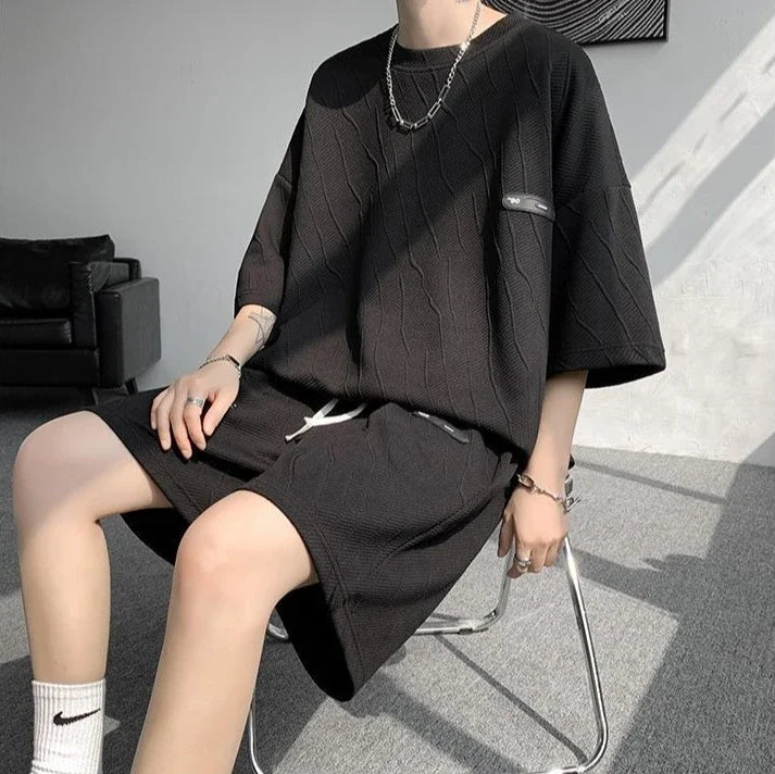 HEARUJOY  -  Jacquard Man Sets Tracksuit Sweatsuit Sweatshirts Original Brands Essential Polyester Slim Fit Tee T-shirts Shorts Suits for Men