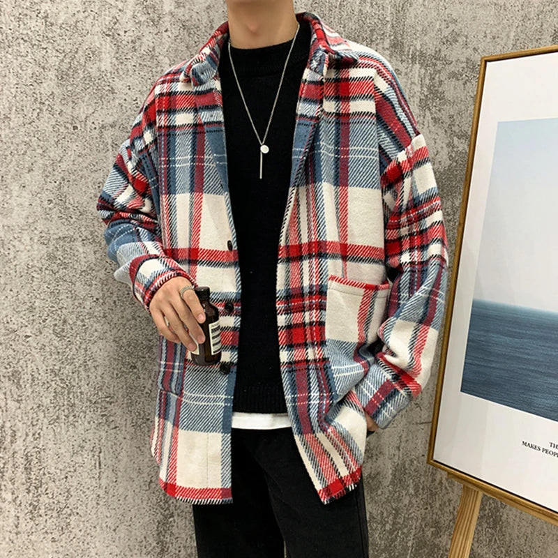 Hearujoy 2024 Spring Clothing Men's Casual Woolen Plaid Shirt Vintage Big Size Turn Down Collar Button Long-sleeved Check Tops Stylish