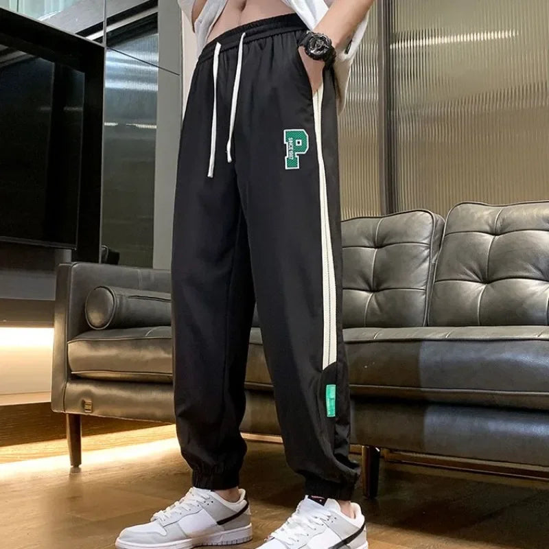 Hearujoy Striped Summer Straight Trousers Men's Sweatpants Thin Tracksuit Bottoms Adult Sweat-shirt Big Size Y2k Baggy Male Sports Pants