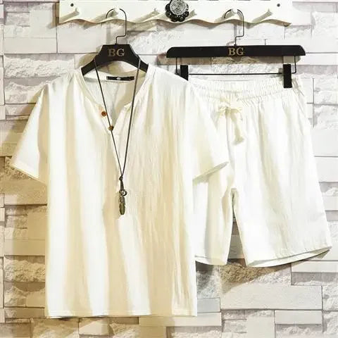 HEARUJOY  -  Cotton Linen T-shirts Shorts Suits for Men V-neck Plain Sports Novelty in New Tops & Tees Aesthetic Kpop Regular Fit Man Sets