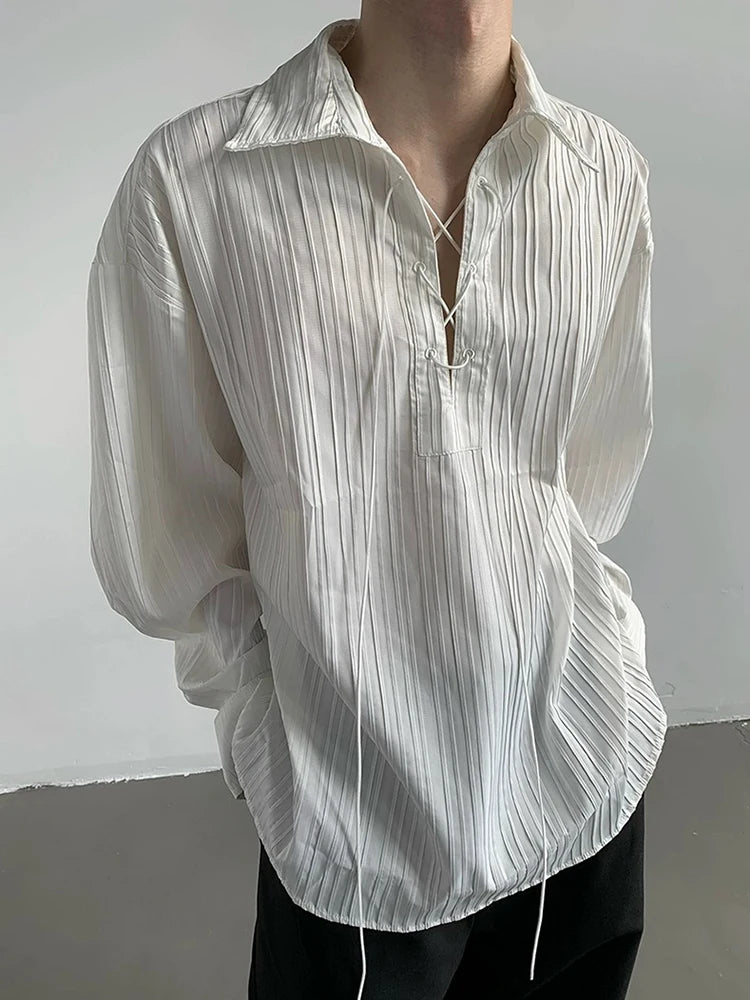 HEARUJOY  -  Vintage Drawstring Lace-up Lapel Shirt Mens Spring Autumn Fashion Long Sleeve Ribbed Polo Shirts Casual Textured Pullover Tops