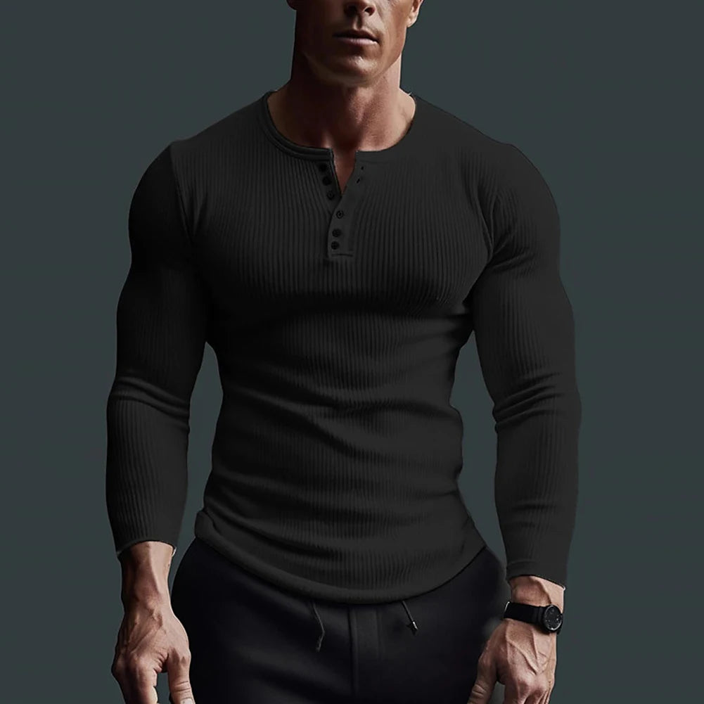 HEARUJOY  -  Tops Men T-Shirt Black/White/Grey Autumn/Winter Fitness Shirts High Elasticity Large Size Long Sleeve Solid Color Hot Sale