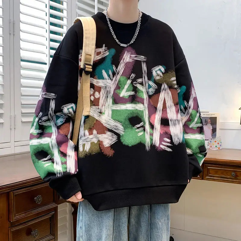 HEARUJOY  -  Men's Long Sleeve T-Shirt Graffiti Spring Autumn New Trendy Round Neck Youth Base Layer Top