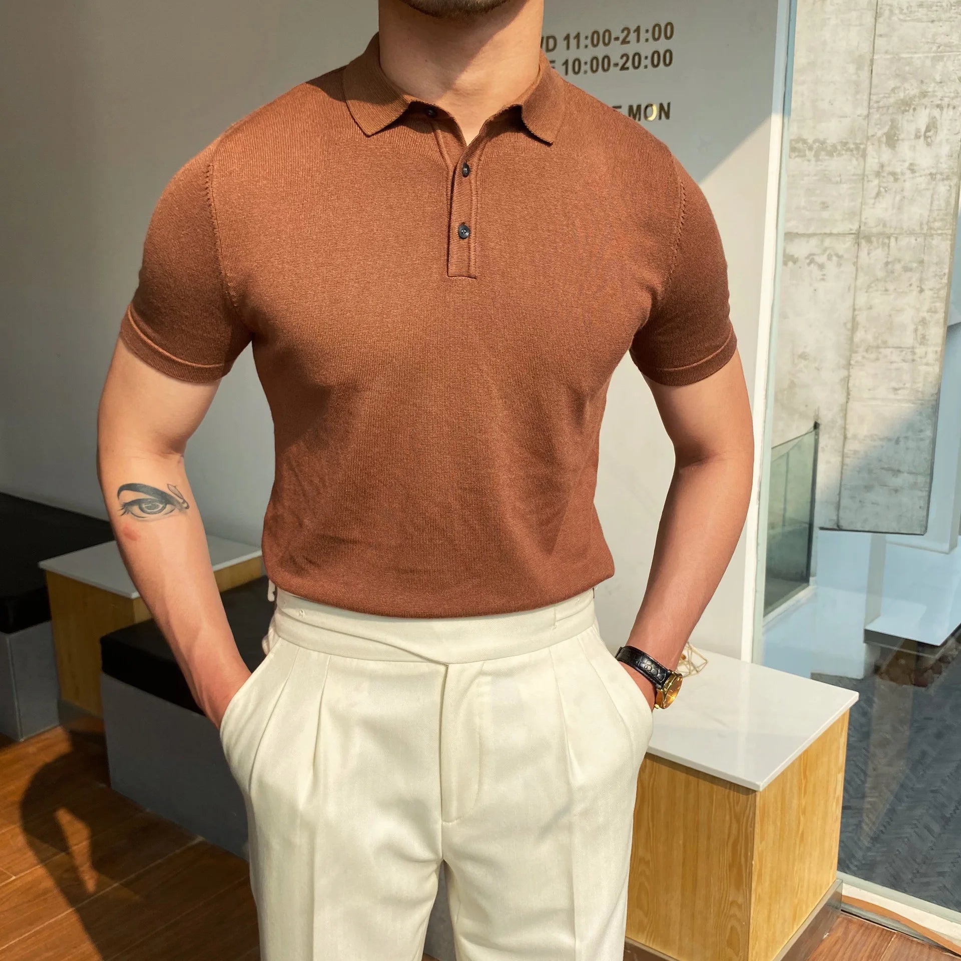 HEARUJOY  -  Summer Cotton Men Polo Shirt Business Casual Turn-down Collar Button-up Tees Fashion Flocking Tshirts Top Lce Silk Fabric Blouse