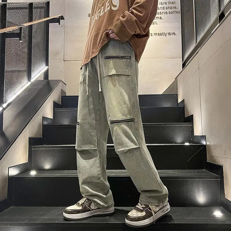 Hearujoy Oversize Zipper Workwear Jeans Straight Tube Loose American Plus Size Men's Pants High Street Vibe Trendy Brand Hip-hop