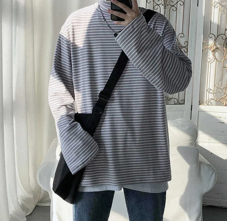HEARUJOY  -  Turtleneck High Collar T Shirt For Man Striped Top Bulk With Wholesale Men's Clothing Long Sleeve Quotes Full Xl F Pullover