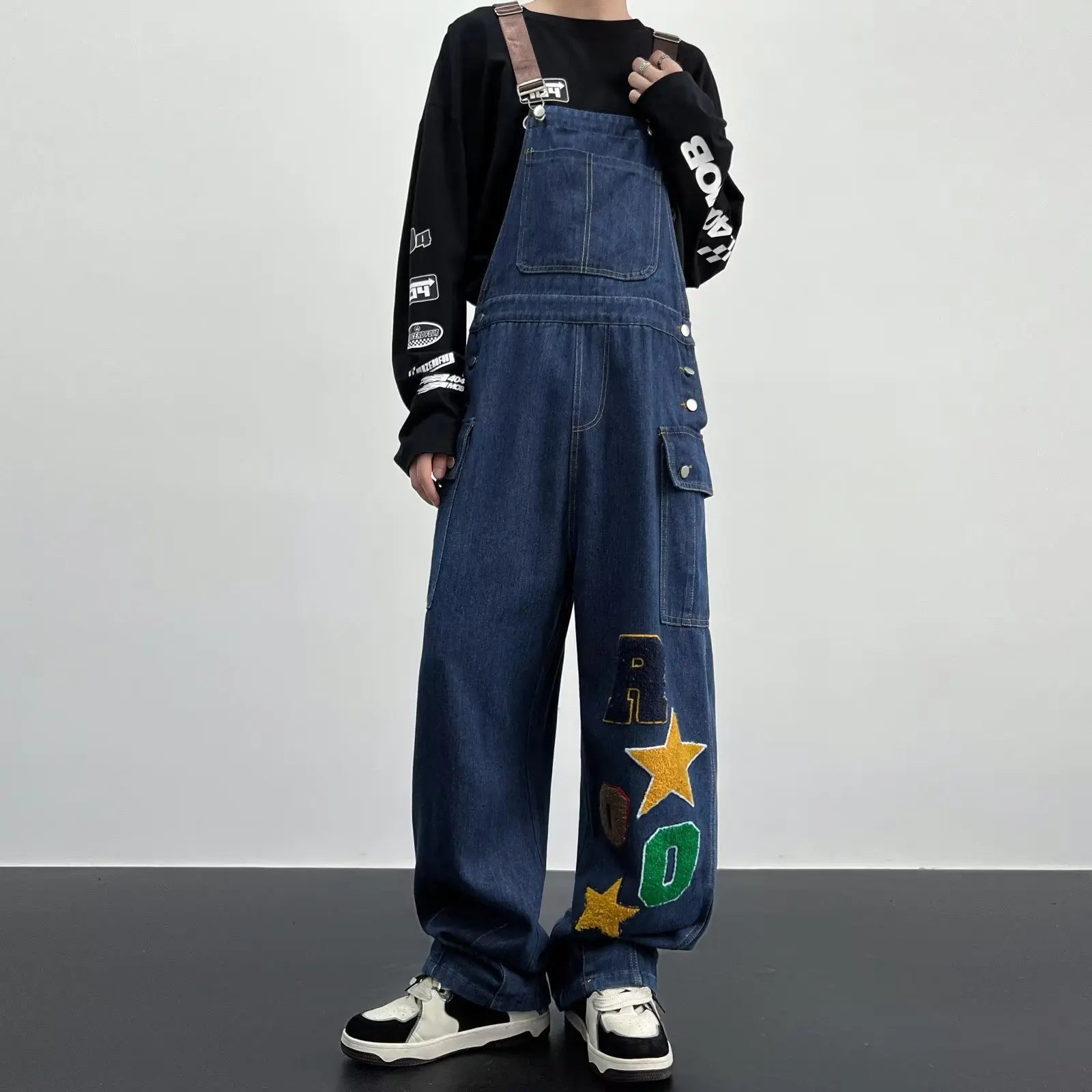 Hearujoy Y2K Cargo Jeans Jumpsuit for Men Streetwear Hip Hop Punk Loose Denim Bodysuits Overalls Male Japanese Print Pocket Pants