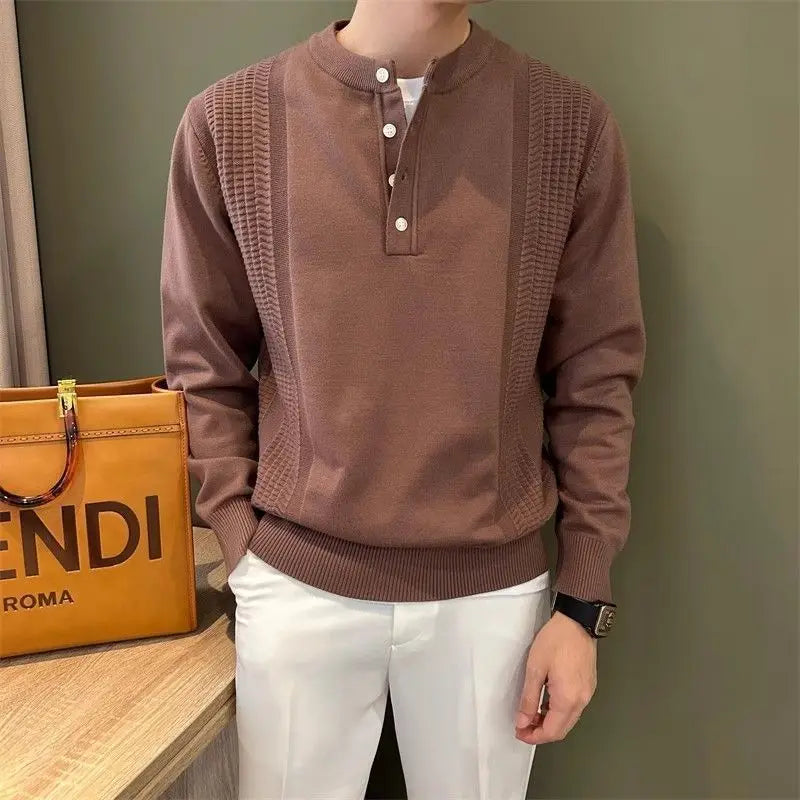 Hearujoy Men's Clothing Vintage Fashion Henry Collar Business Casual Knitted Sweater Autumn Winter Solid Long Sleeve Loose Pullover Tops