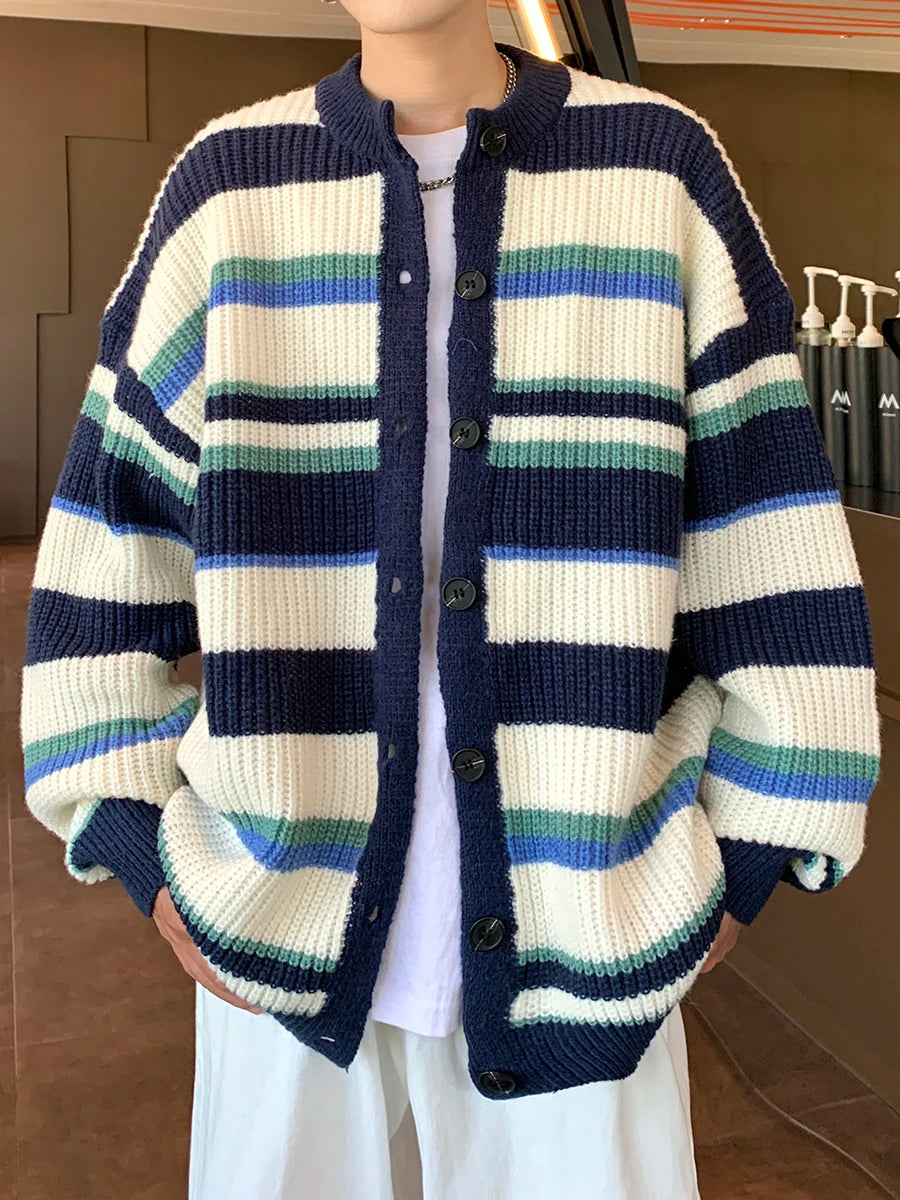 Hearujoy Japanese Vintage Striped Sweater Retro Contrasting Striped Cardigan Sweater Men's Spring Autumn Loose Lazy Style Knitted Jacket