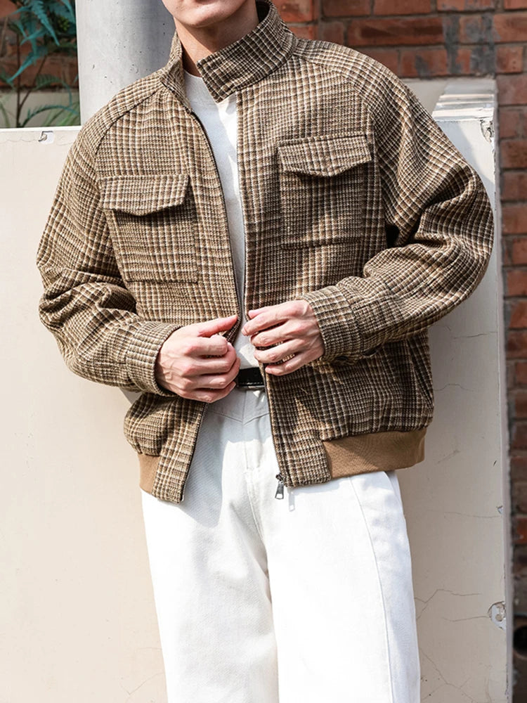 HEARUJOY  -  New Casual Zip-up Stand Collar Men's Jackets 2025 Autumn Winter Outdoor Fashion Houndstooth Jacket Coats men Stylish Outerwear