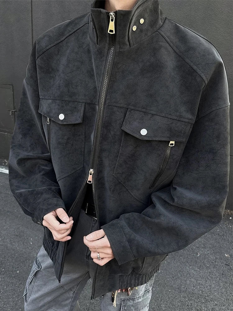 HEARUJOY  -  Vintage Men's Stand Collar Zip-up Jacket Coat Fall Winter New Casual Multi Pockets Cargo Jackets For Men Fashion Cardigan Tops