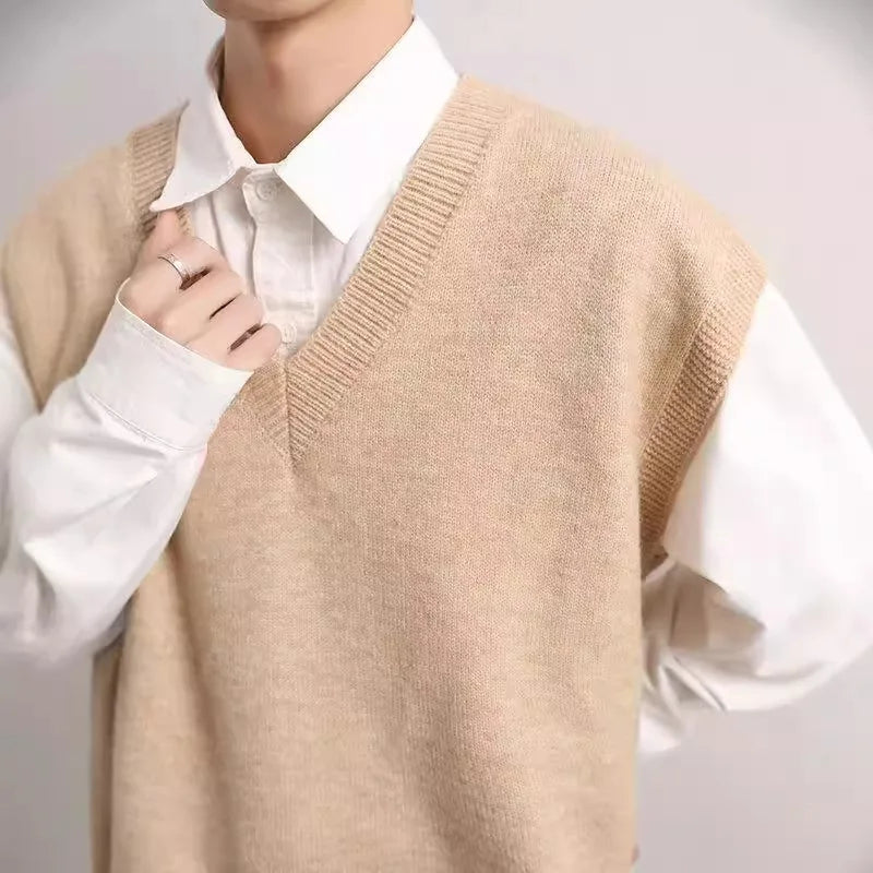 HEARUJOY  -  Men Knitted Sweater Vest Solid Color Autumn Winter Sleeveless V-neck Pullovers Male Casual Loose Waistcoat Korean Style Knitwear