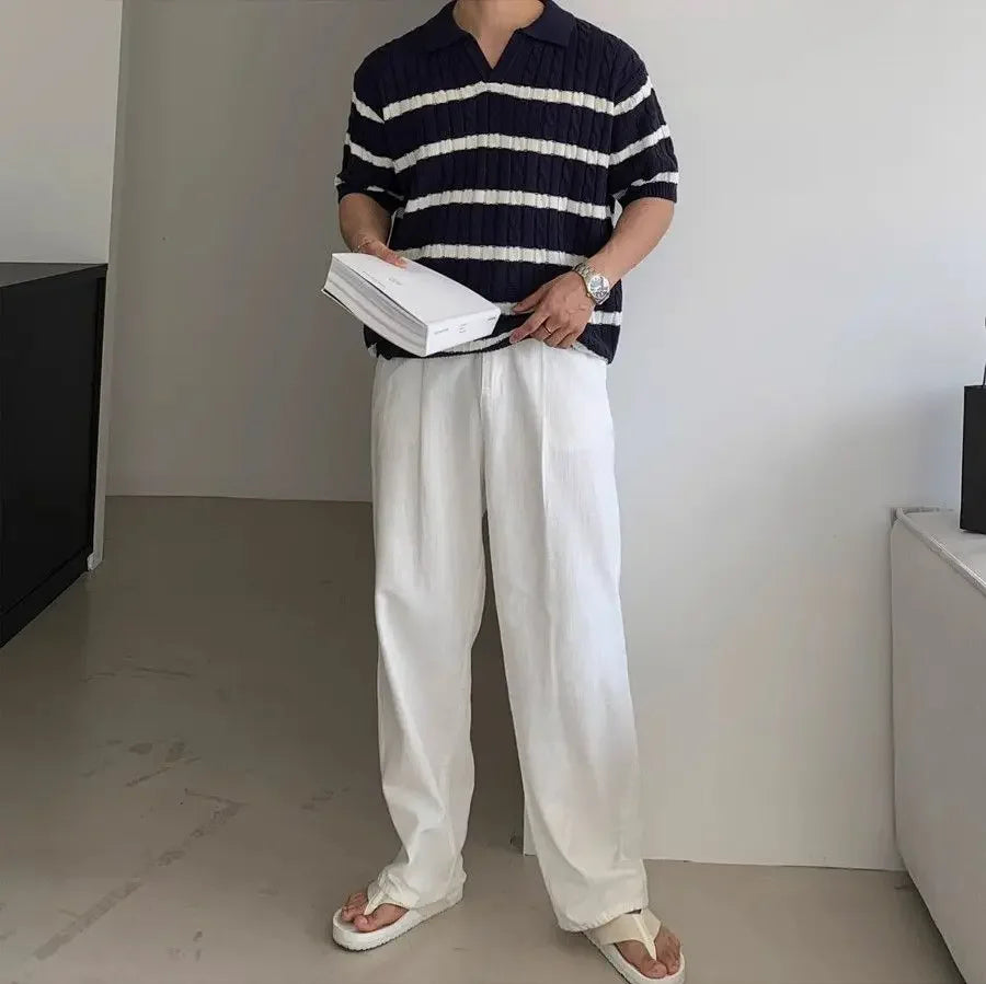 HEARUJOY  -  Twist striped knitted polo shirt short-sleeved men's Korean style slim and versatile casual lapel T-shirt trendy