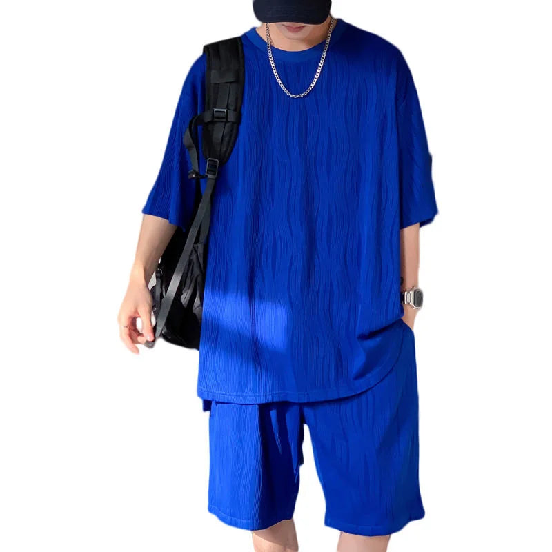 Hearujoy Summer Pleated Sets Men Fashion 3-color Casual Ice Silk Sets Mens Loose Casual Short-sleeved T-shirt/Shorts Two-piece Set Men