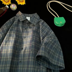 HEARUJOY  -  Couple Summer Tops Loose Short Sleeve Shirt Daily Casual Wear Plaid Pattern Shirt Vacation Outfits For Daily Wear