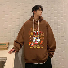 HEARUJOY  -  Men's Oversized Hoodie Off White Rabbit Print Hoodies with Hat Over Size for Men 5XL Man Hoody Casual Wear Male Sweatshirt