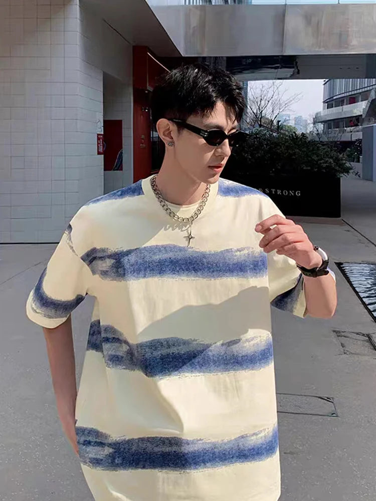 HEARUJOY  -  250G Cotton Summer T-shirts Men Korean Fashion Irregular Stripes Basic Tees Y2K Tops Short Sleeve Oversized T Shirts