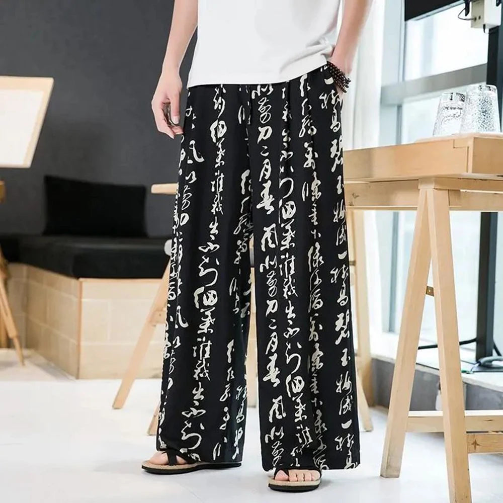 Hearujoy Men Chinese Style Printed Characters Wide Leg Pants Summer Fashion Sports Baggy Tide Trousers Darkwear Letter Streetwear Unisex