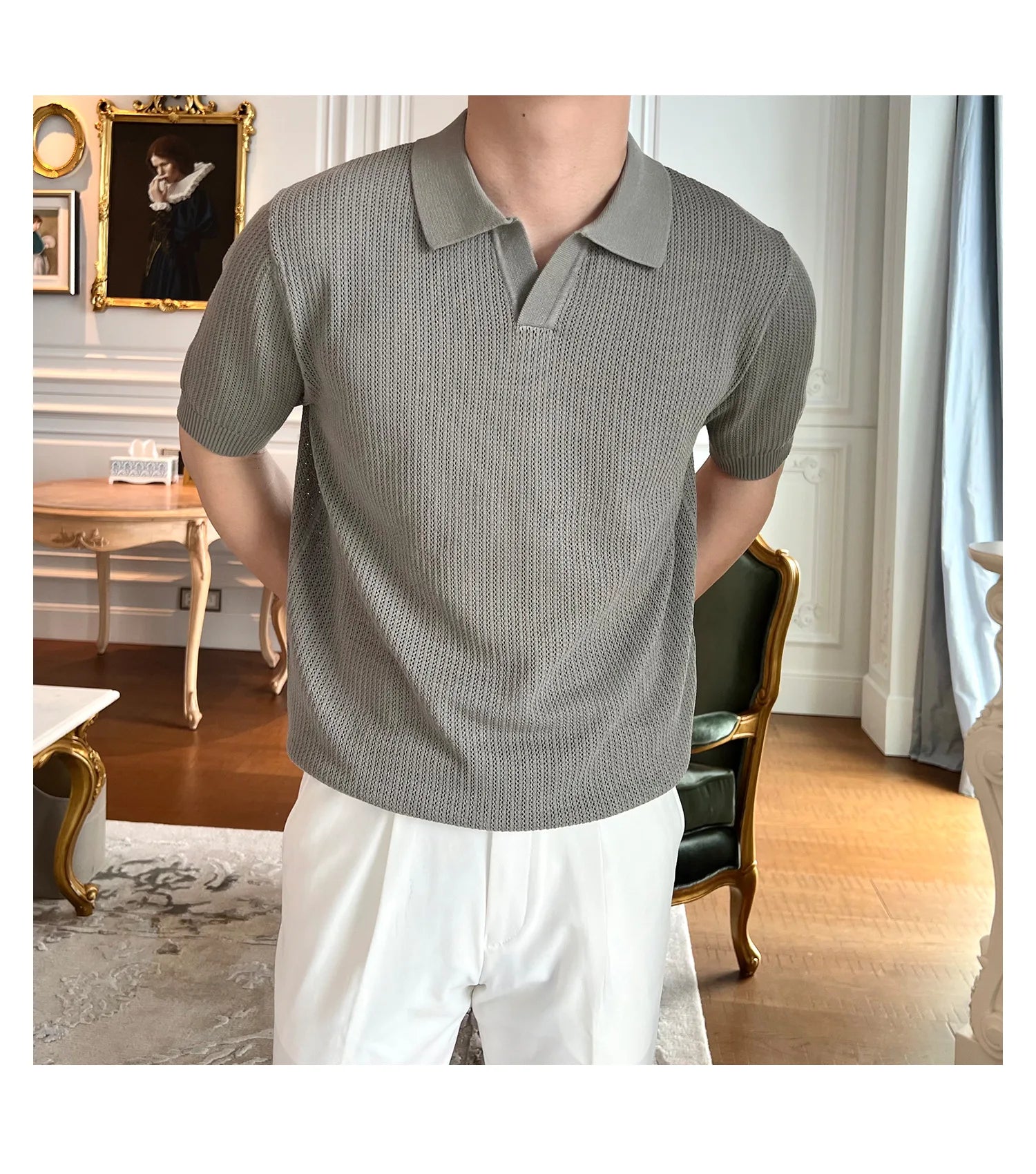 HEARUJOY  -  New Fashion Business Tops Men's Polo Shirt Light Luxury Leisure Knitted V Neck T-shirts for Man Korean Popular Short Sleeve Tees