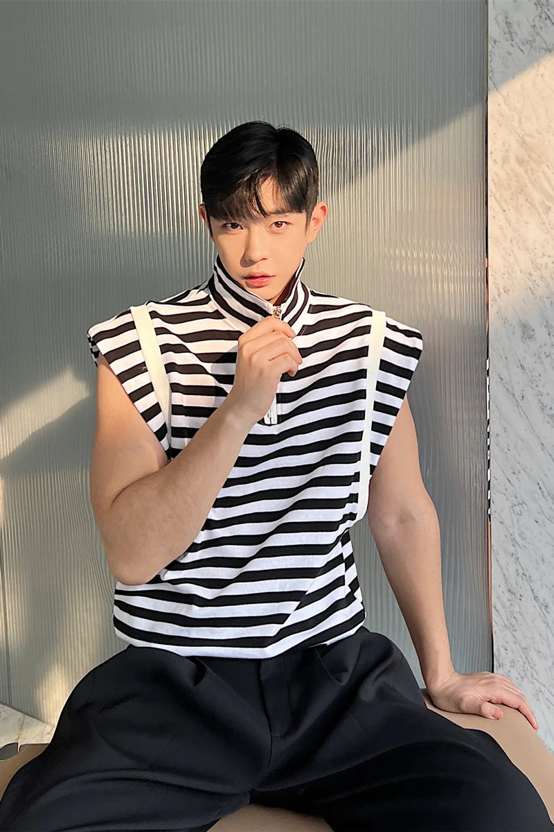 Hearujoy Fashion Korean Summer Casual Men's Turtleneck Striped Vest New Loose Top Personality Half Zipper Sleeveless T-shirt Trend