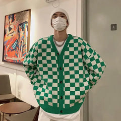 HEARUJOY  -  V Neck Man Clothes Knitted Sweaters for Men Green Plaid Cardigan Black Jumpers Sale Wool A Mode T Shirt Warm Korean Autumn S Fun