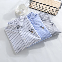 HEARUJOY  -  Men's Cotton Long Sleeve Shirt Spring Summer Casual Bear Embroidered Striped Long-sleeved Square Collar Breathable Shirts Man