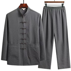 HEARUJOY  -  2 Pcs/Set Men Cotton linen Tang Suit Set Chinese Traditional Clothes Hanfu Elastic Waist Wide Leg Soft Men Shirt Trousers Sets