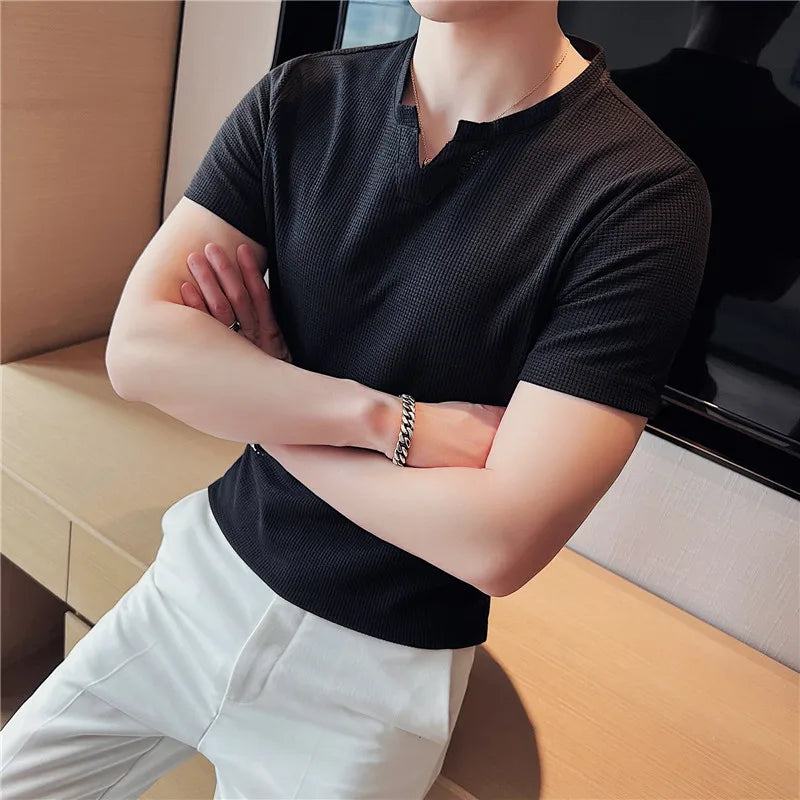HEARUJOY  -  Men's Waffle Knit T-Shirt Short Sleeve - Premium Breathable Ice Silk Slim Fit Tee, Lightweight Casual Top, Coffee