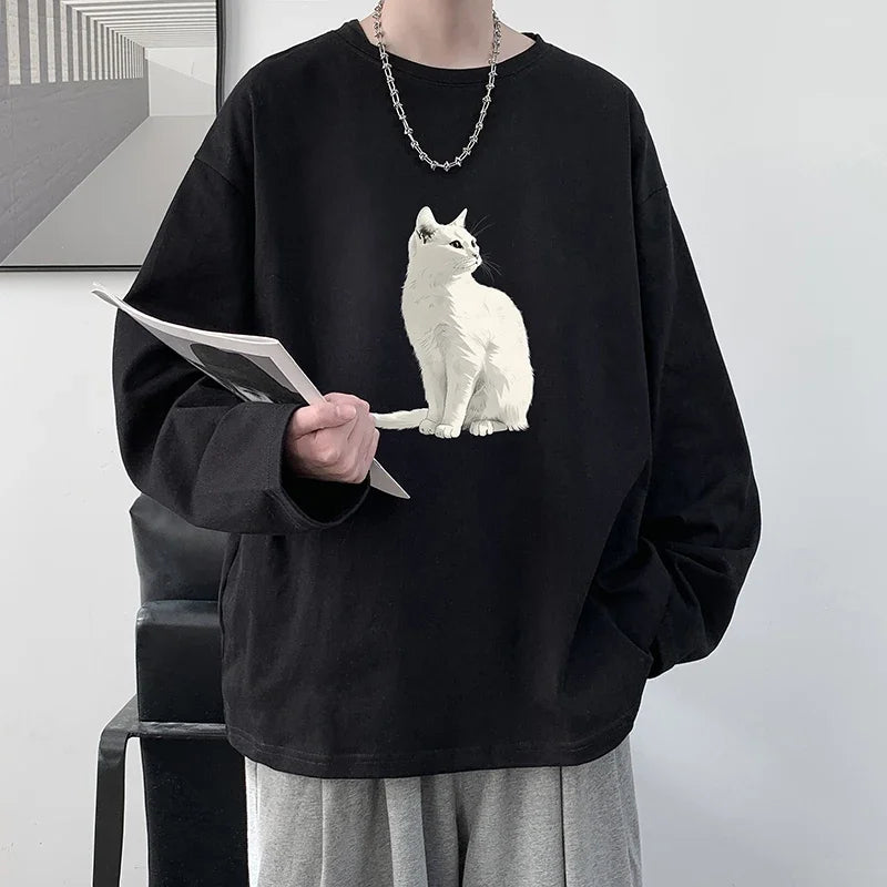 HEARUJOY  -  Men's Plain T-shirts Cotton Full Sleeves Fashion White Mens Oversized T Shirt Casual Wear Cat Walking Print Tee Shirts for Men